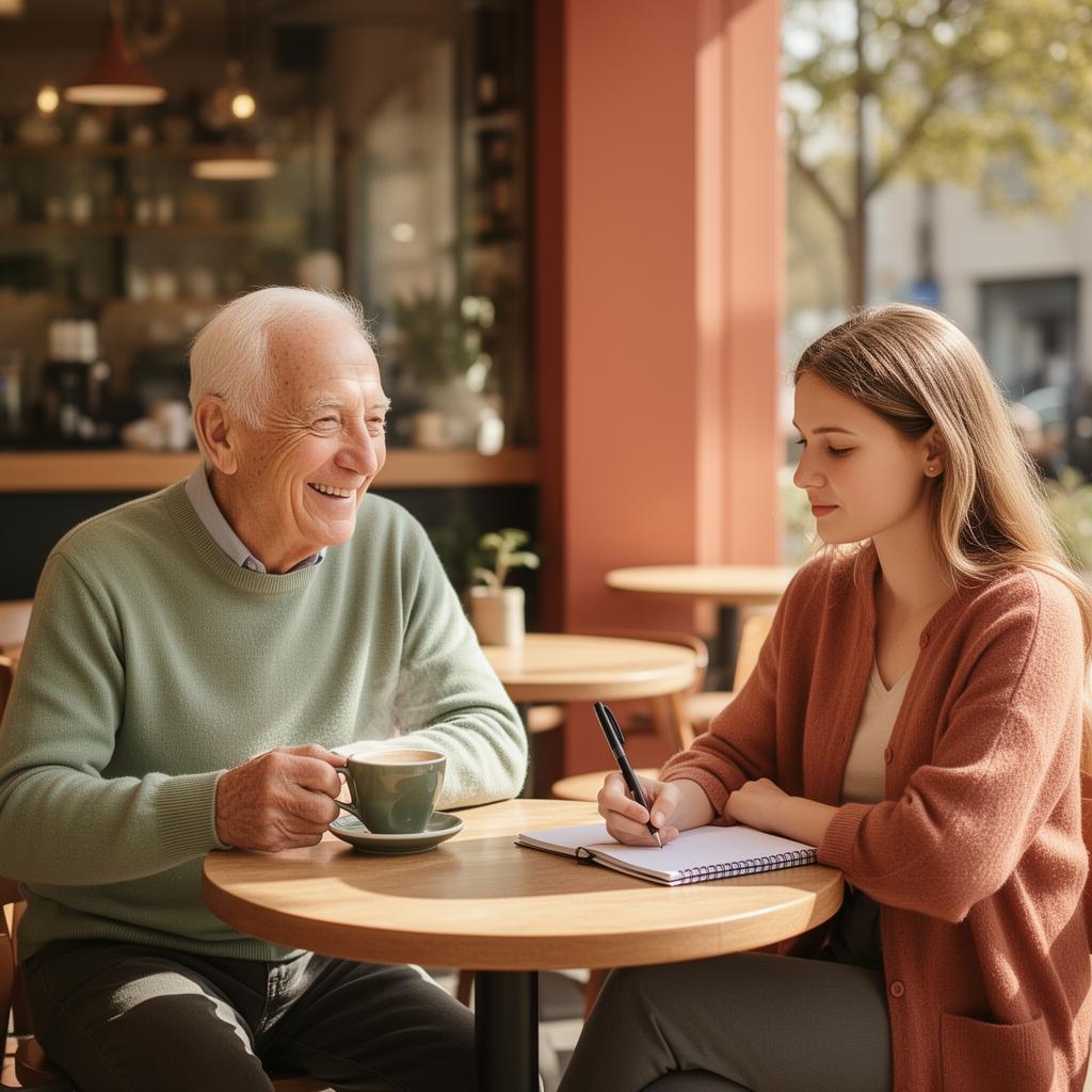 Acompañante universitaria tomando notas con adulto mayor en un café